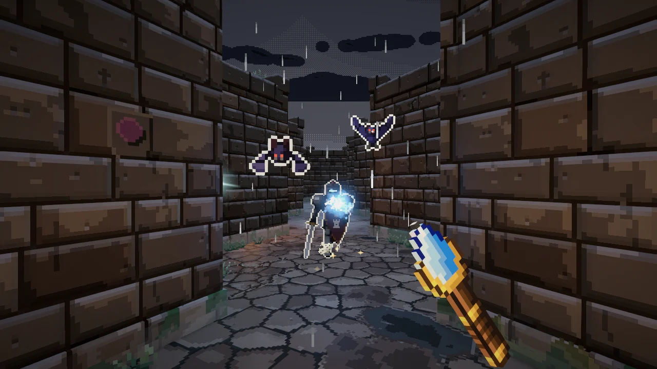 Night rain in the castle maze: a Hollow Sentinel charges, bats dive