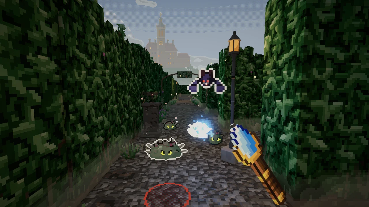 Slimes and a bat in the misty hedge maze, your wand sparking