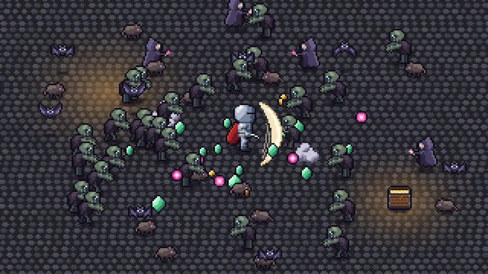 The knight sweeps through ghouls and bats
