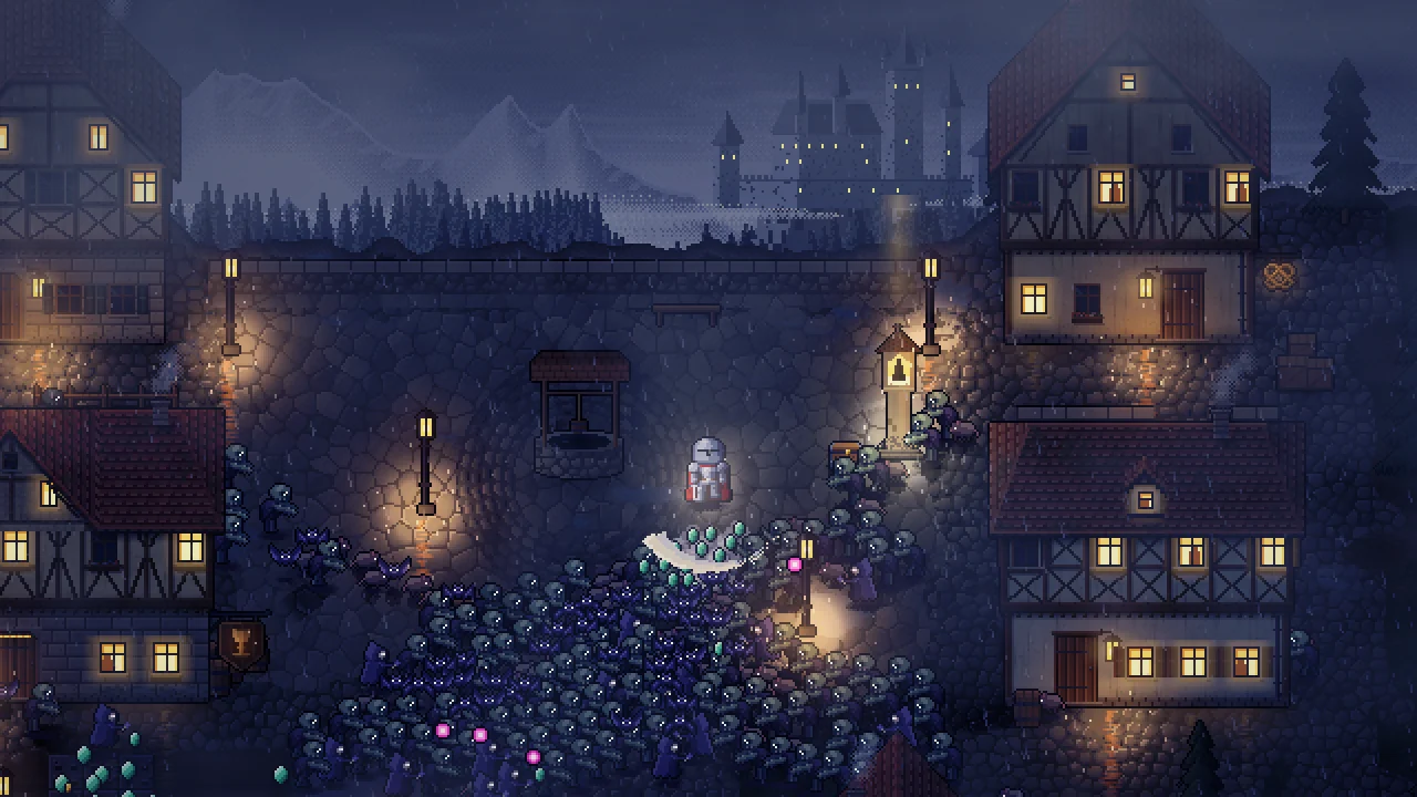 Art preview of Lantern Town, a planned map: below a castle on a crag, a huge horde surges up the street toward the Knight at the well. Not in the game yet.
