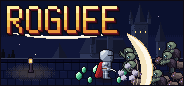 Roguee key art: the Red Knight swings his sword at a horde of ghouls and rats below a castle.