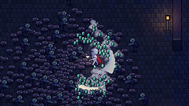 One swing inside a packed swarm: the Knight in a cloud of gems. Set up for the camera: in a real run the horde gets this big later.