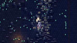 About ten minutes into a run on stage 1: rats and ghouls close in on the Knight, gems everywhere, damage numbers over the crowd.