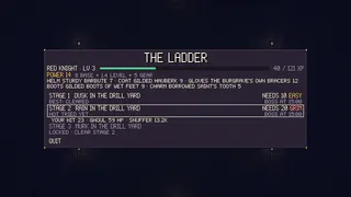 The ladder between runs: your Knight's level, Power and gear, and the stages. At POWER 14, stage 1 reads EASY and stage 2 reads GRIM.