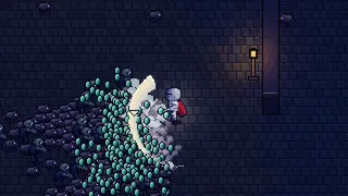 One swing turns a packed swarm into a cloud of gems. Set up for this clip: in a real run the horde gets this big later.