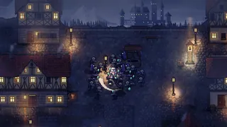 Art preview of Lantern Town, a planned map: the Knight in a rainy town square at night, against a horde that includes enemies that are also planned. Not in the game yet.