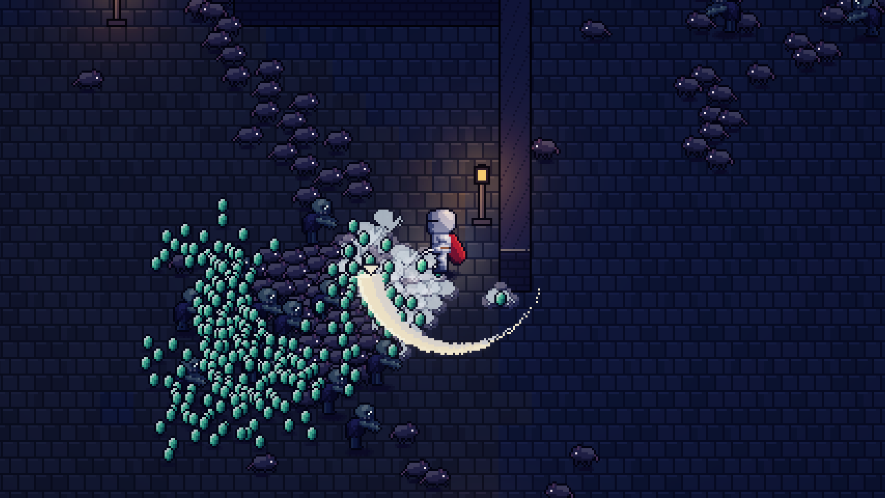 Roguee: The knight sweeps through the horde, a trail of gems behind