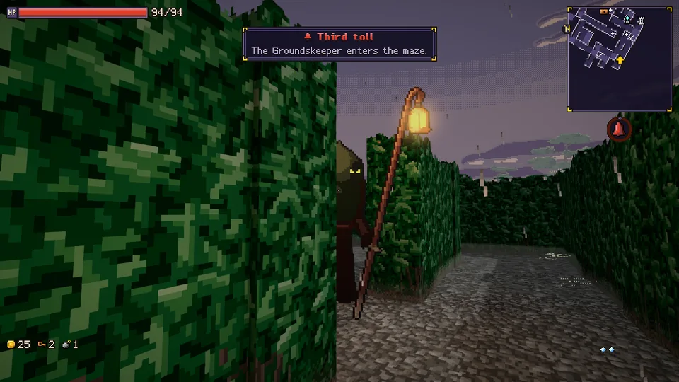 A-mazing Game: a hedge maze at dusk, the Groundskeeper with his lantern just around the corner