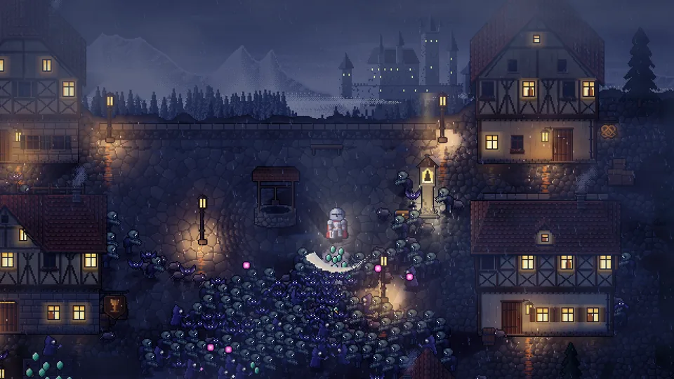 Roguee: a lantern-lit town square at night, the hero in the middle of a huge horde